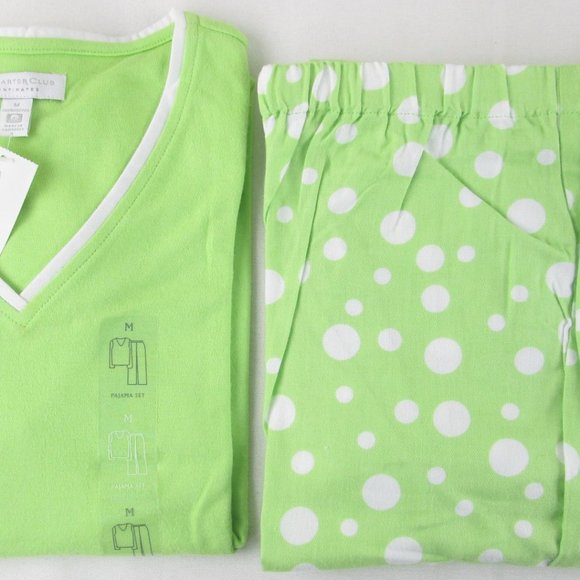 NWT Charter Club Green Polka Dot Knit & Flannel Pajamas Pajama Set, Medium, $45 - Picture 1 of 3
